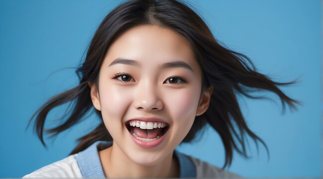 young japanese teenage girl on plain bright blue background laughing hysterically looking at camera background banner template ad marketing concept from Generative AI