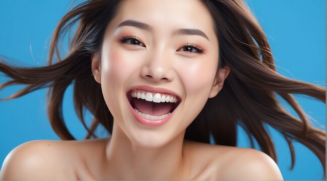 young japanese woman on plain bright blue background laughing hysterically looking at camera background banner template ad marketing concept from Generative AI
