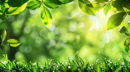 Fotobehang natural green background with a frame of grass and leaves. Juicy lush green grass on meadow with drops of water dew sparkle in morning light outdoors © Ilmi