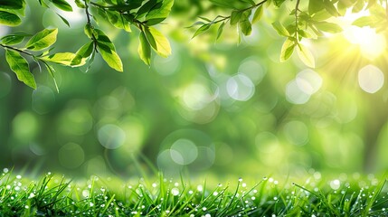 natural green background with a frame of grass and leaves. Juicy lush green grass on meadow with drops of water dew sparkle in morning light outdoors