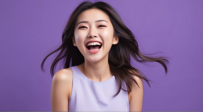 young japanese woman on plain bright purple background laughing hysterically looking at camera background banner template ad marketing concept from Generative AI