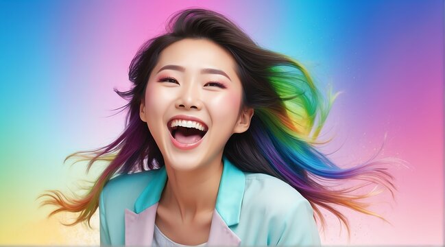 young japanese woman on plain bright rainbow background laughing hysterically looking at camera background banner template ad marketing concept from Generative AI