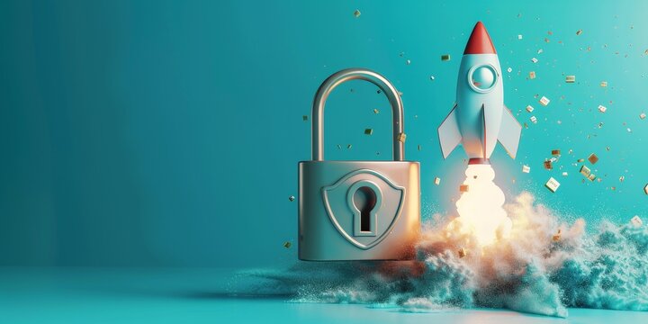 Rocket taking off and padlock on blue background, startup security concept