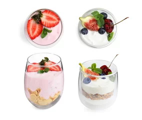 Keuken spatwand met foto Different delicious yogurts in glasses isolated on white, top and side views © New Africa
