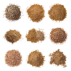 Keuken spatwand met foto Aromatic caraway (Persian cumin) seeds and powder isolated on white, top view © New Africa