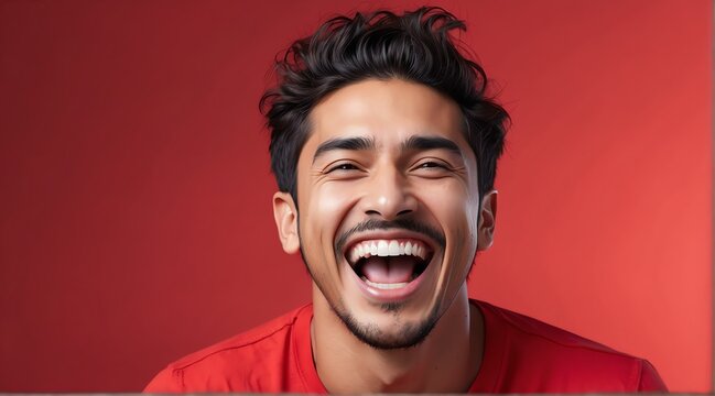 Young Mexican Man On Plain Bright Red Background Laughing Hysterically Looking At Camera Background Banner Template Ad Marketing Concept From Generative AI