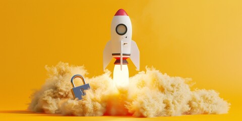 Rocket taking off and padlock on yellow background, startup security concept