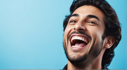 young middle eastern middle aged man on plain bright blue background laughing hysterically looking at camera background banner template ad marketing concept from Generative AI