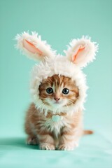 A cute smile kitten in a bunny head, sitting on a light mint plain background, wearing a hat with bunny ears, copy space