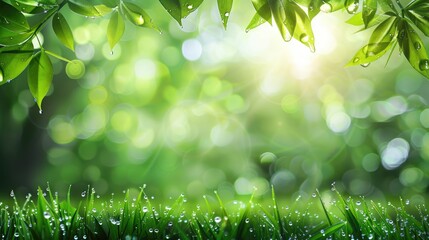 natural green background with a frame of grass and leaves. Juicy lush green grass on meadow with drops of water dew sparkle in morning light outdoors