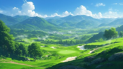 Obraz premium ゴルフ場の風景、山6