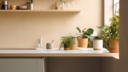 Minimalistic design of small kitchen, green plants on tabletop.