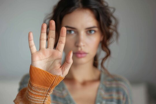 A woman raises her hand in a stop gesture, with her focused features suggesting personal boundaries or a privacy message