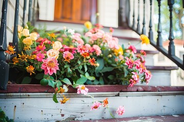 Blooming flowers adding vibrant colors to the steps of quaint, old-fashioned house with a white picket fence