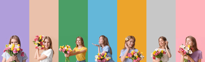 Set of young women with bouquets of beautiful flowers on color background