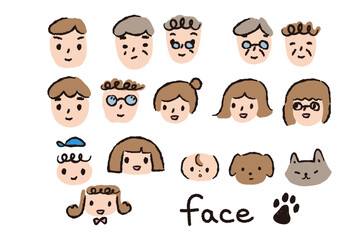 いろいろな年齢の人々の顔とペットの手描き風イラスト
