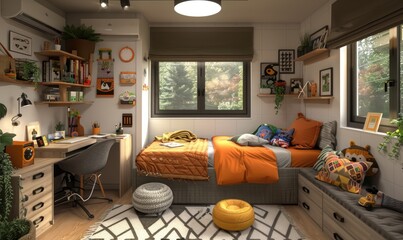A small kid bedroom with a desk