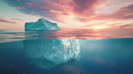 iceberg in the northern open sea in half under water view with giant bottom under water at sunset