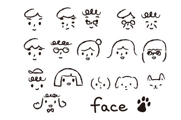 いろいろな年齢の人々とペットの手描き風イラスト　黒