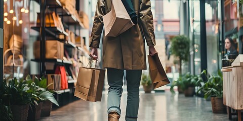 Fototapeta premium A person is walking down a shopping aisle with a brown coat and two brown paper bags. The person is carrying a large bag and a smaller one. The scene is set in a store