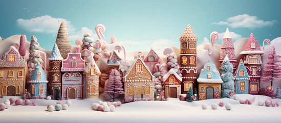  Fantasy pastel gingerbread town scene background with empty space for text. Whimsical Gingerbread Village Background