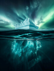 scenic iceberg in the northern open sea in half under water view with giant bottom under water at night with aurora