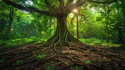Massive Roots of an Ancient Tree in Lush Jungle Forest
