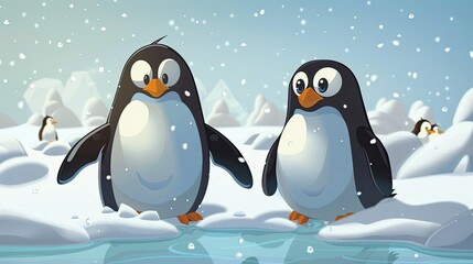 Two Playful Cartoon Penguins Enjoying a Snowy Winter Wonderland Landscape with Icy Water and Frosty Surroundings