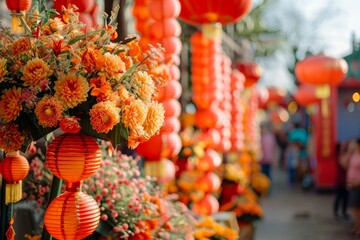 Vibrant Chinese New Year Celebration Scene with Traditional Red Lanterns and Floral Decorations