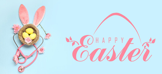 Composition with Easter eggs, bunny ears and medical supplies on color background