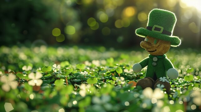 Leprechaun rag doll on the grass with clover and flowers