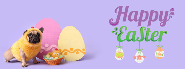 Cute French bulldog in chick costume and paper Easter eggs on lilac background © Pixel-Shot