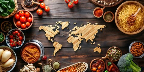 Fototapeta na wymiar Table with a world map in the center and various foods around, concept of food from different countries