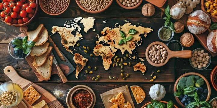 Table with a world map in the center and various foods around, concept of food from different countries