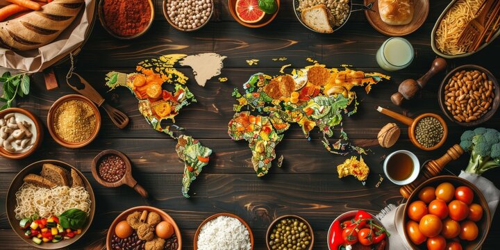 Table with a world map in the center and various foods around, concept of food from different countries