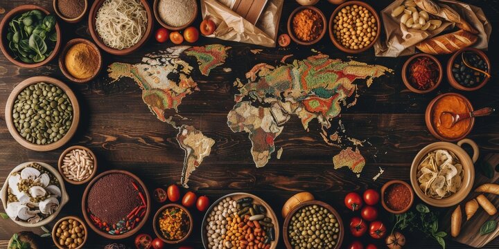 Table with a world map in the center and various foods around, concept of food from different countries