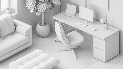 Minimalist Workspace with Desk,Chair,and Sofa in a White Ambient Environment