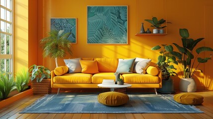 Warm and Vibrant Living Room Design with Lush Tropical Accents in a Contemporary,Cozy and Stylish Interior Space