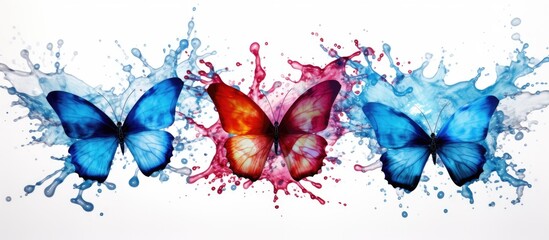 Three beautiful butterflies with vibrant colors of blue, red, and orange fluttering in the air - obrazy, fototapety, plakaty