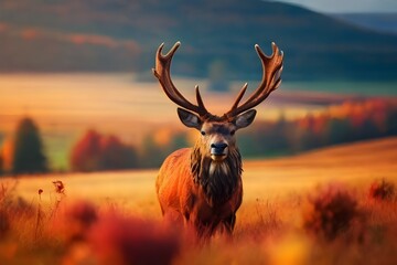 Banner with red deer stag in the autumn field. Noble deer male. Beautiful animal in the nature...
