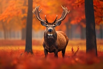 Banner with red deer stag in the autumn field. Noble deer male. Beautiful animal in the nature habitat. Wildlife scene from the wild nature landscape. Wallpaper, beautiful fall background Generative A
