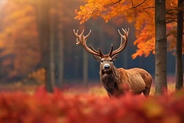 Banner with red deer stag in the autumn field. Noble deer male. Beautiful animal in the nature habitat. Wildlife scene from the wild nature landscape. Wallpaper, beautiful fall background Generative A