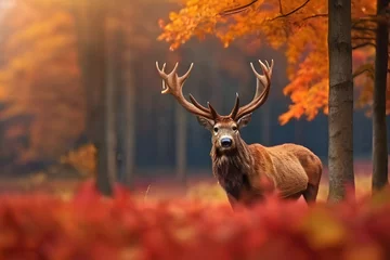 Rolgordijnen Banner with red deer stag in the autumn field. Noble deer male. Beautiful animal in the nature habitat. Wildlife scene from the wild nature landscape. Wallpaper, beautiful fall background Generative A © Jaon