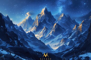 A mountain valley in abstract form. A digital scene featuring mountains and a starry sky in low polygons. - obrazy, fototapety, plakaty