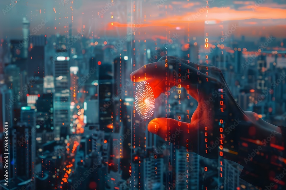 Poster urban skyline with a handprint representing security and digital protection in a corporate tech envi
