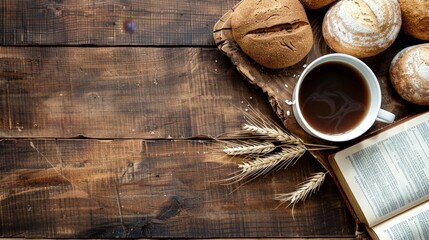 Wooden table with open bible, cup of coffee and bread