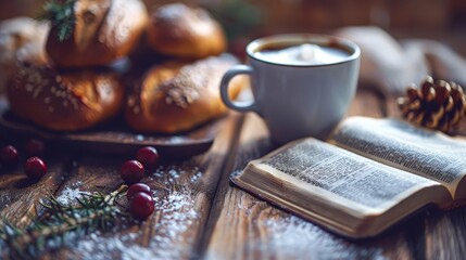 Wooden table with open bible, cup of coffee and bread
