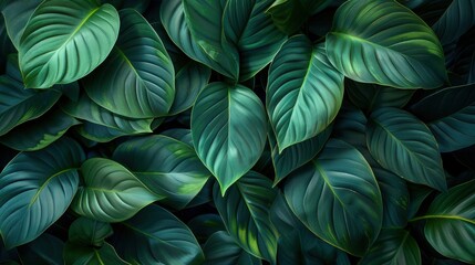 Tropical Green Abstract: Spathiphyllum Cannifolium Leaves in Dark Tone Garden Texture - obrazy, fototapety, plakaty