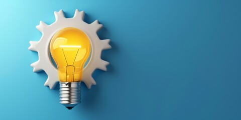 Yellow light bulb and gear on blue background, concept of ideas and creativity