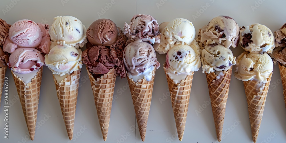 Poster a row of ice cream cones with different flavors. the cones are lined up in a row, with some of them 